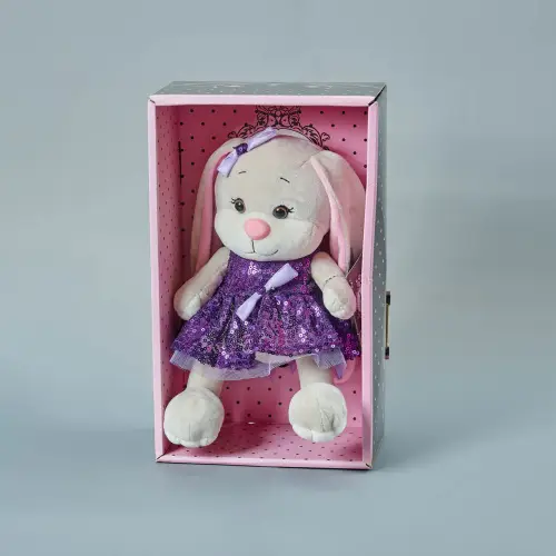 Мягкая игрушка Зайка Лин в фиолетовом платьице с пайетками